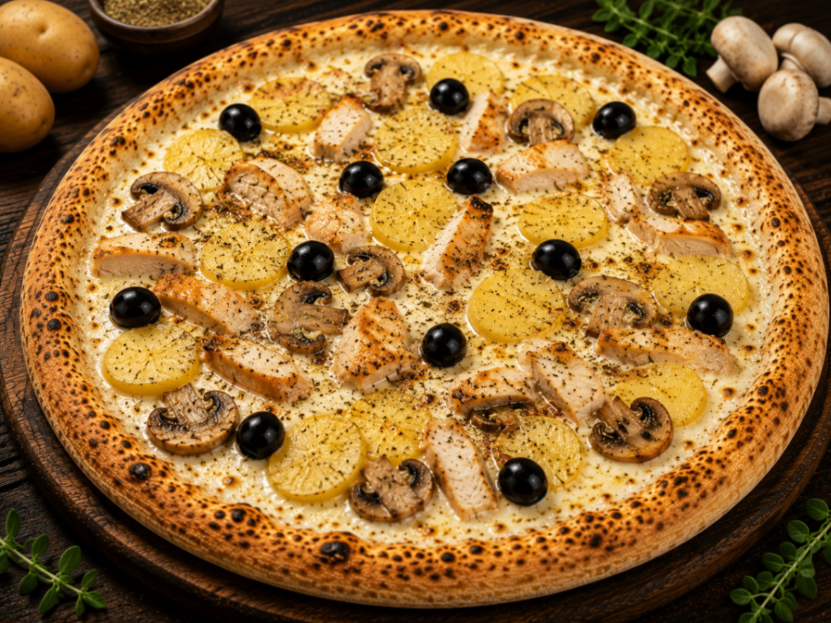 Sega — Crème fraîche, fromage, poulet, pomme de terre, champignon, origan, olives